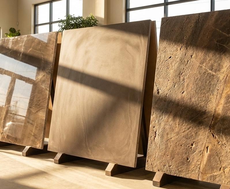 Comparison of polished, honed and leathered brown quartzite slab finishes