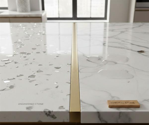 Side-by-side comparison of engineered vs natural stone countertops