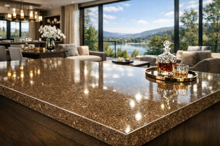 Polished granite kitchen countertop with gold and brown tones in a modern home with lake views
