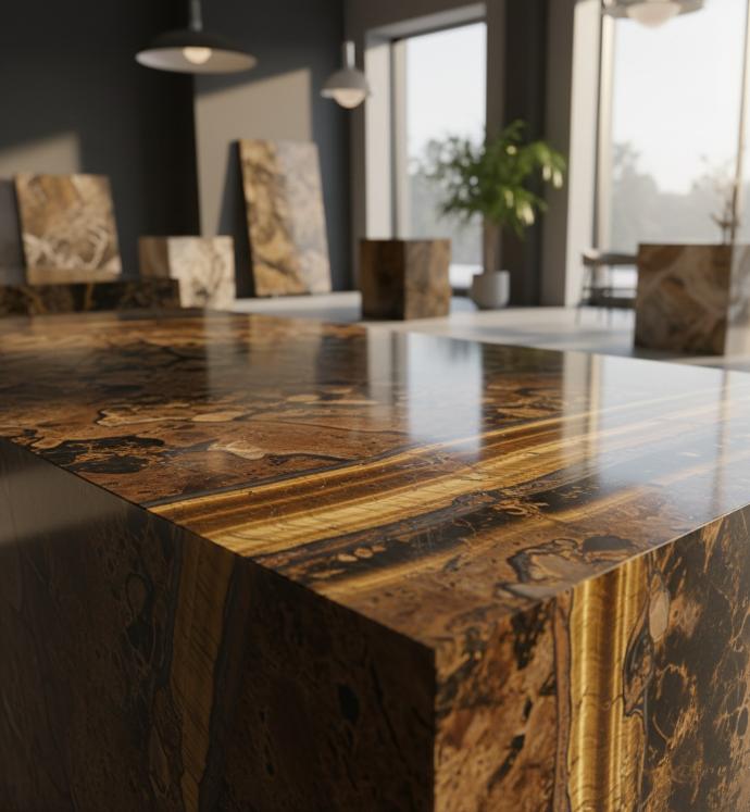Brown tiger's eye semi-precious stone countertop showing natural mineral veining