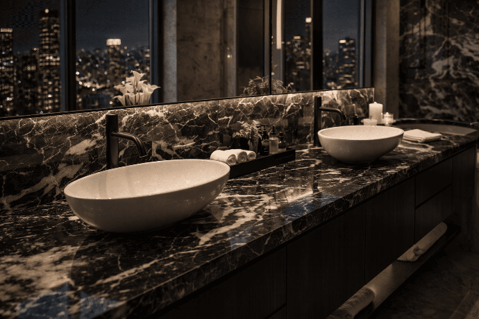 Black dolomite countertop in bathroom