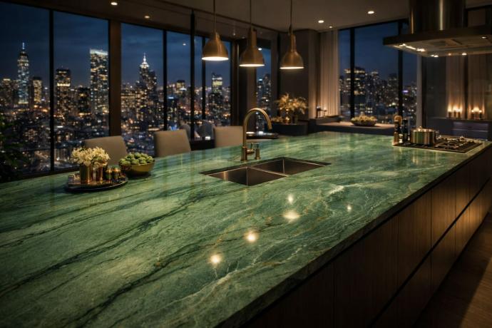 Green natural stone kitchen island countertop with city skyline view at night