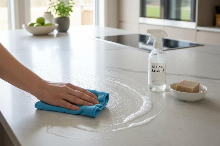 Cleaning engineered stone countertops with microfiber cloth and mild soap