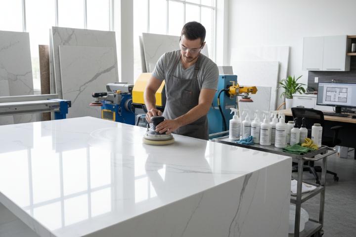 Professional applying protective treatment to engineered stone slab