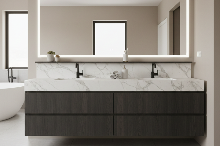 Bathroom vanity featuring durable engineered stone surface
