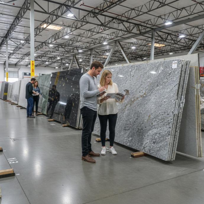 Selection of natural stone slabs at the Nova Tile and Stone showroom.