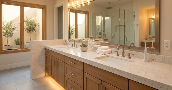 White engineered stone bathroom vanity with undermount sinks