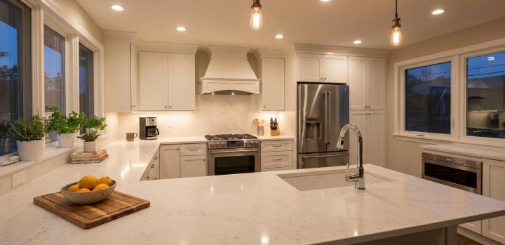 Professional installation of engineered stone countertops in kitchen