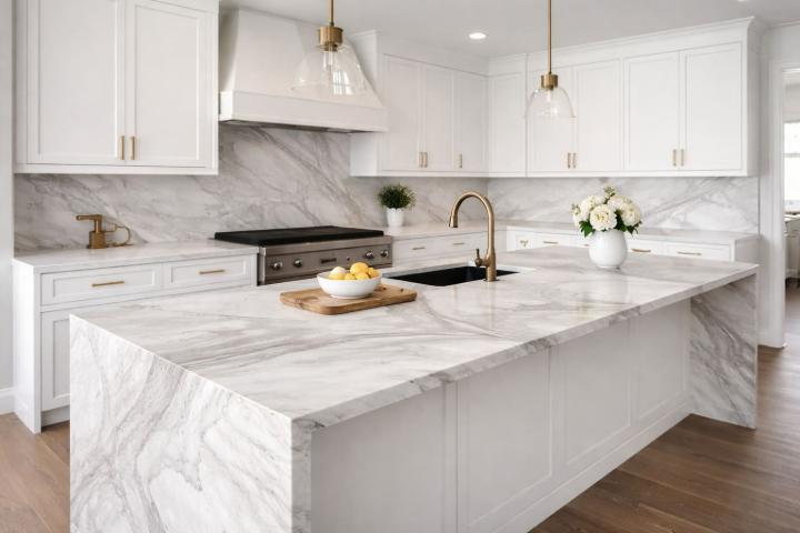 White dolomite countertop in a bright modern kitchen