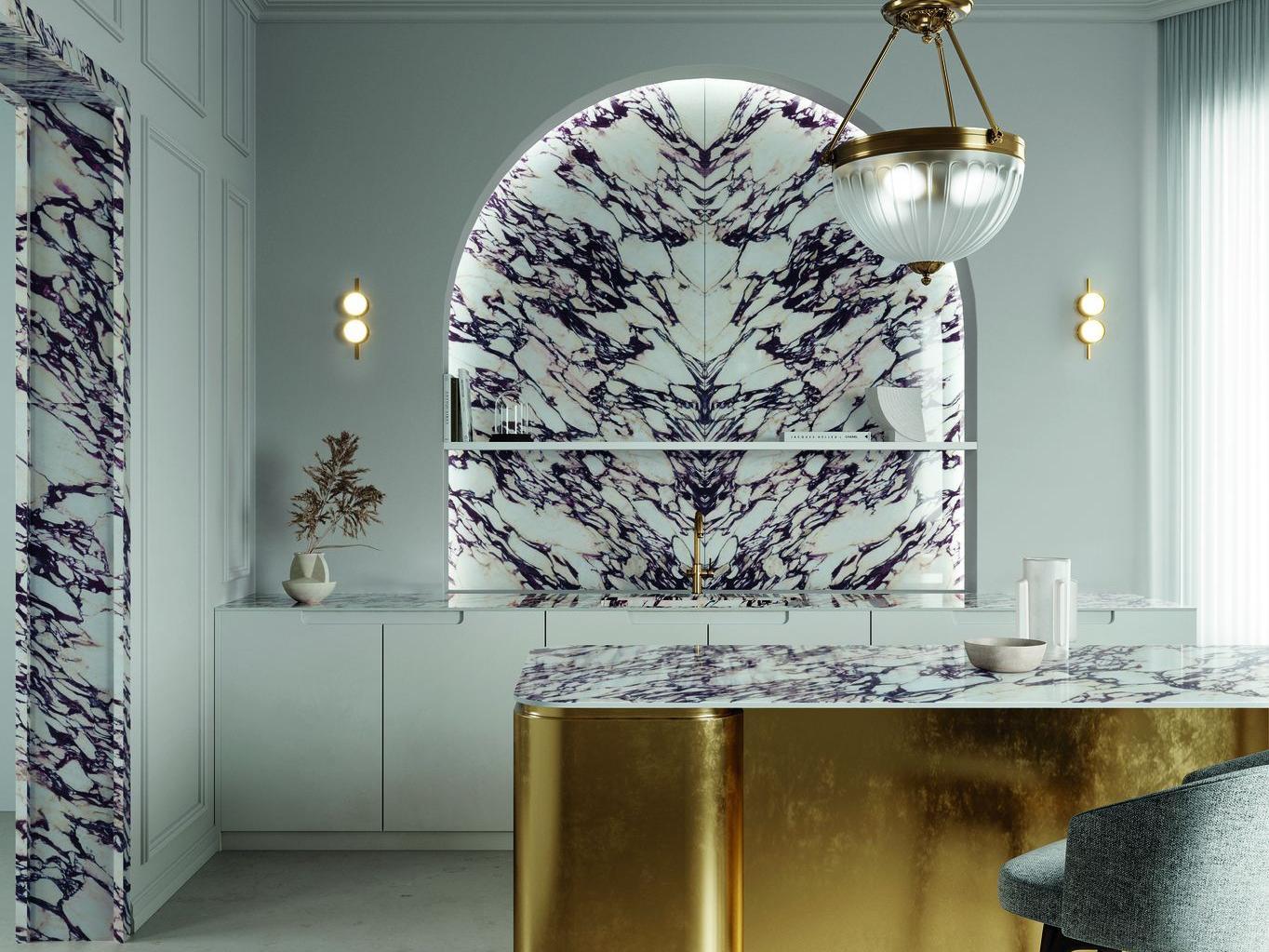 Elegant powder room with Calacatta Viola porcelain slabs walls and golden countertop.