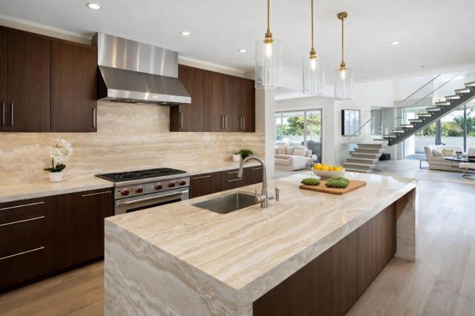 Luxury kitchen with Italian Silver Veincut Travertine countertop