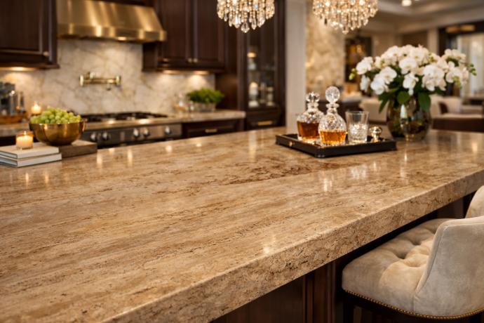 Elegant kitchen with veracruz veincut travertine island