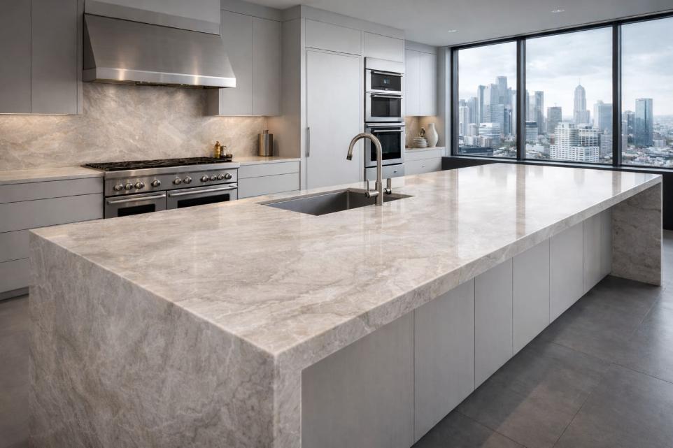 European style kitchen with Taj Mahal quartzite island and skyline view