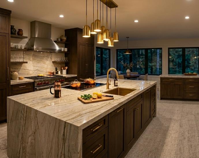 Taj Mahal quartzite slab with soft gold and gray veining