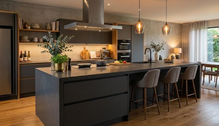 Dark gray engineered stone kitchen island