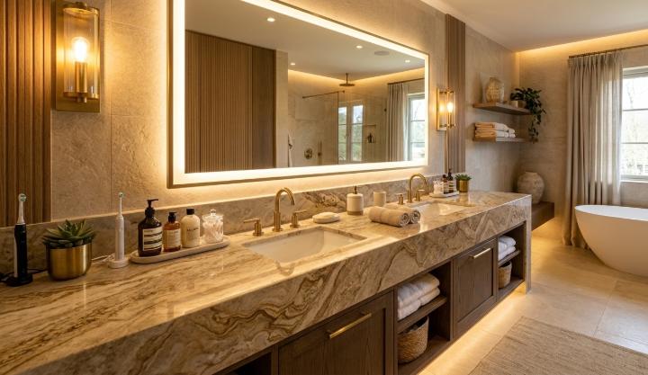 Beige engineered stone bathroom vanity top