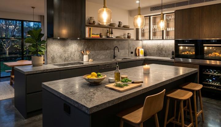 Contemporary concrete-look engineered stone countertop in modern kitchen