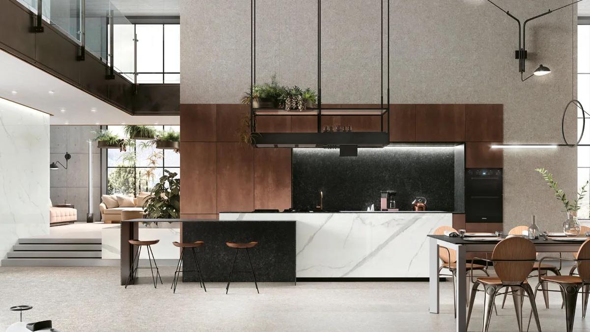 Modern kitchen featuring Extra Statuario porcelain slabs alongside rich walnut wood cabinetry