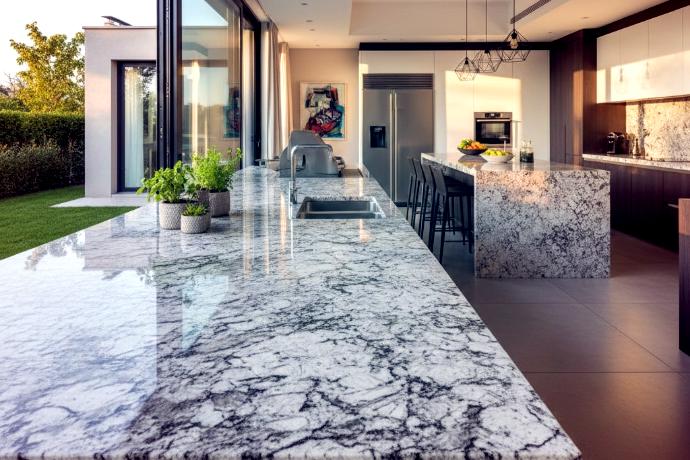 Outdoor kitchen countertop in Taj Mahal Quartzite with warm veining