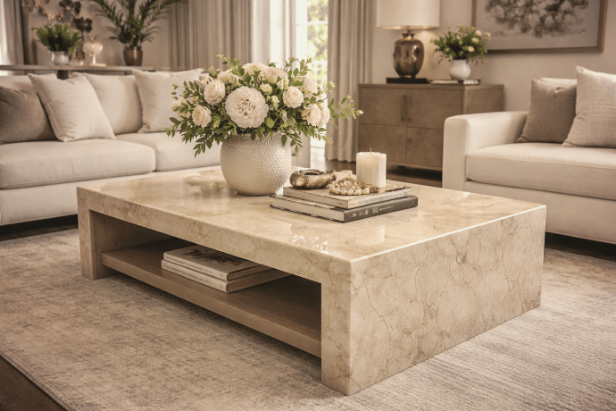 Living room with white taj mahal quartzite slab
