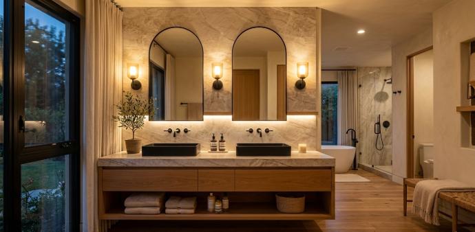 Taj Mahal quartzite bathroom vanity and shower wall installation