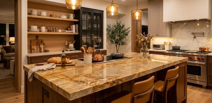 Luxury kitchen with Taj Mahal quartzite island, pendant lighting, wood cabinetry, and stainless steel range