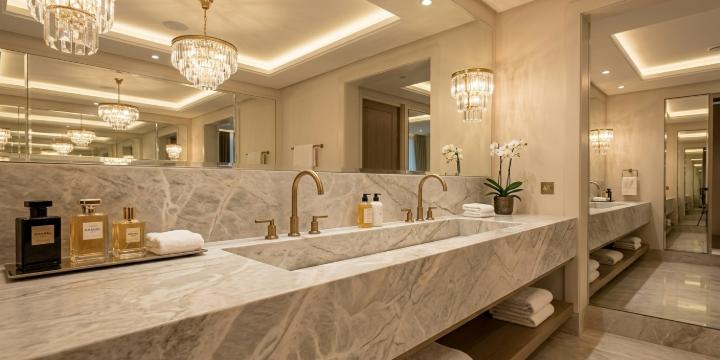 Elegant bathroom with Taj Mahal quartzite double vanity, gold faucets, crystal chandeliers, and white orchid