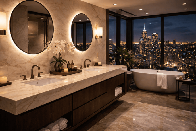 Luxury bathroom with Taj Mahal quartzite double vanity, round backlit mirrors, freestanding soaking tub, and city skyline view