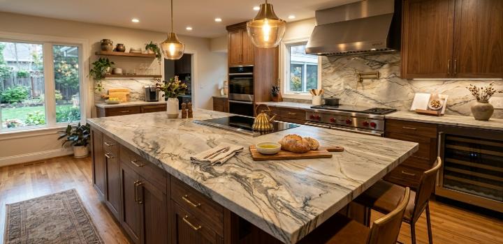 Bright kitchen with Taj Mahal quartzite island and backsplash, dark wood cabinetry, gold pendant lights, and stainless steel appliances