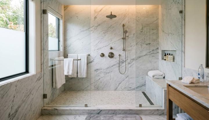 Large walk-in shower lined with seamless white and grey marble slabs