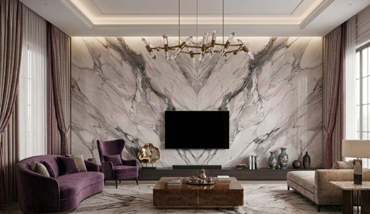 Interior of a living room featuring Calacatta marble wall with purple veining