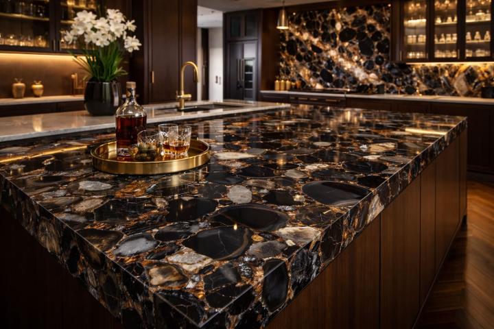 Dramatic black semi-precious stone kitchen island in a high-end interior