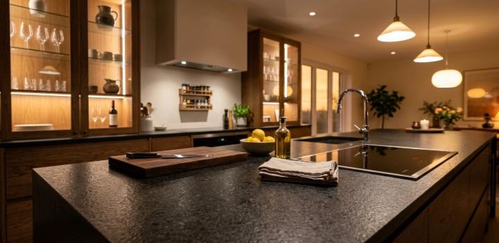 Leathered black granite countertop close-up showing natural stone texture and depth