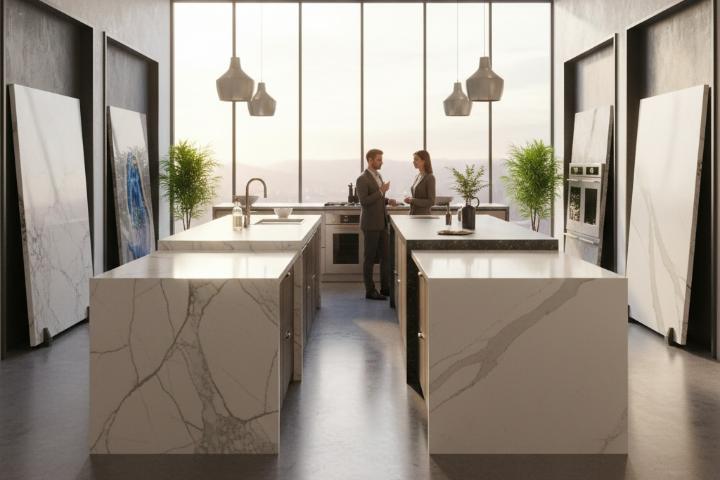 Quartzite vs marble countertop comparison in stone showroom