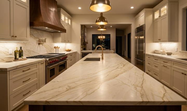 Taj Mahal quartzite countertop and backsplash in warm neutral kitchen