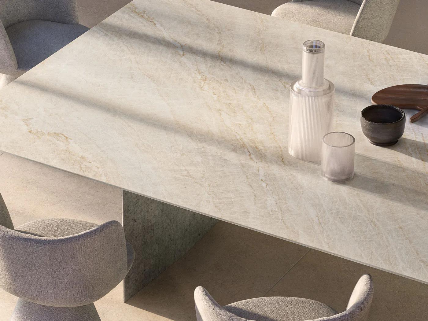 Mahal porcelain slabs dining table topped with white ceramic vase and small bowl