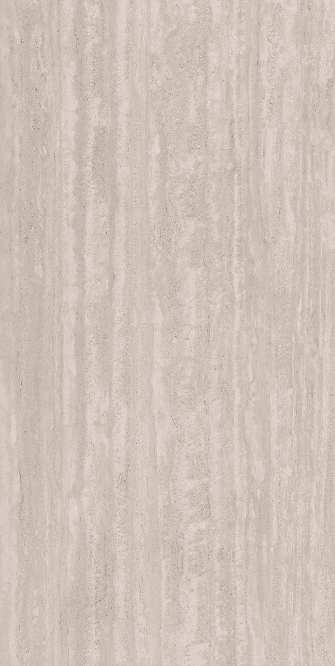 Close-up of Travertino Chiaro porcelain slabs with a natural travertine look and soft striped texture.