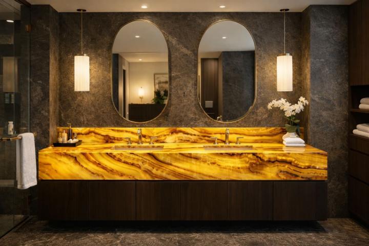 Onyx bathroom countertop with golden veining and brass faucets