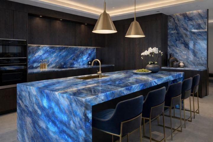 Luxury kitchen with backlit blue onyx countertop island