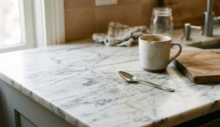 Marble countertop in a kitchen showing visible scratches