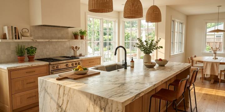 Leathered Calacatta Marble kitchen island countertop
