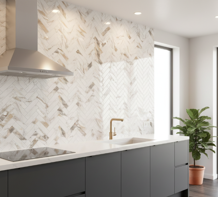 Herringbone marble look tile backsplash in modern kitchen