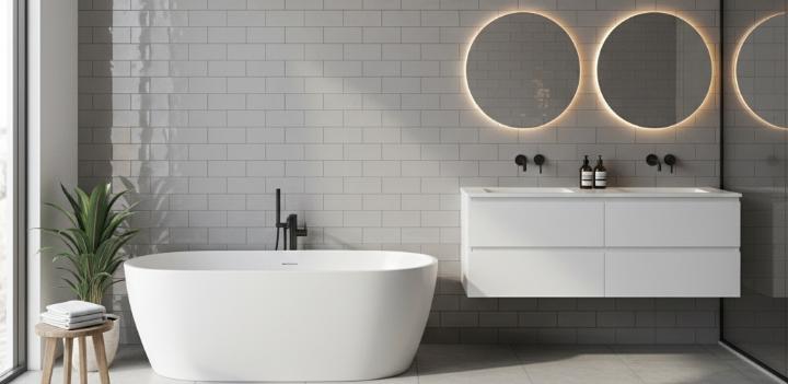 Horizontal stacked subway tile in modern bathroom wall design