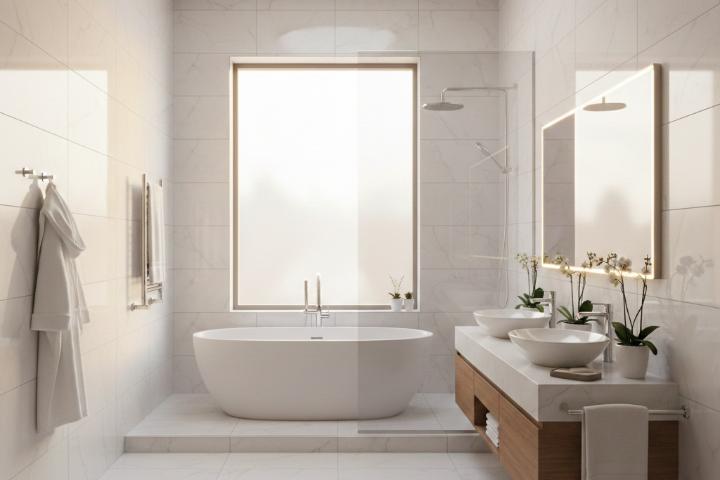 Large format subway tile bathroom with minimal grout lines