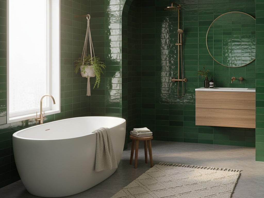 Glossy green subway tile bathroom with stacked wall pattern