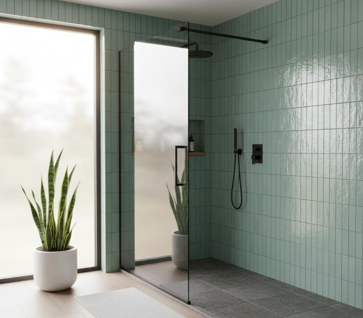 Glossy vertical stacked subway tile shower wall in modern bathroom