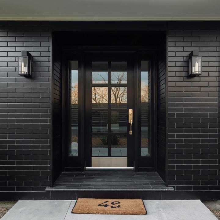 Black subway tile exterior entryway with horizontal stacked pattern