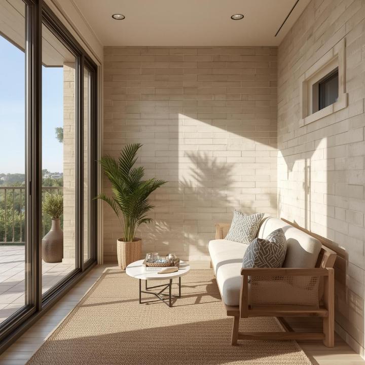 Beige subway tile wall with horizontal stacked pattern in outdoor patio