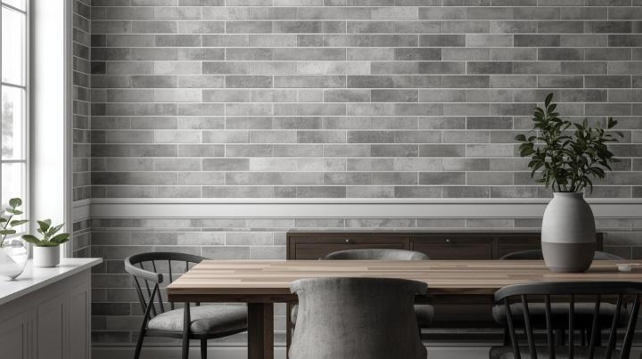 Gray subway tile wall with horizontal stacked pattern in dining room