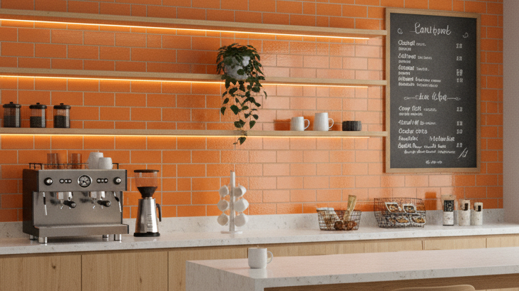 Orange subway tile wall with horizontal stacked pattern in cafe interior